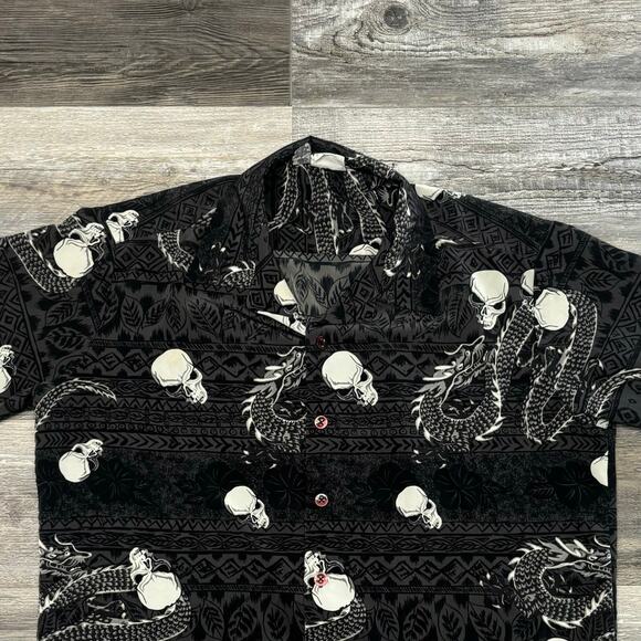 Vintage Y2K Kennington Skull Dragon Black Mens L Grunge Cybergoth Hawaiian Shirt - Picture 1 of 7